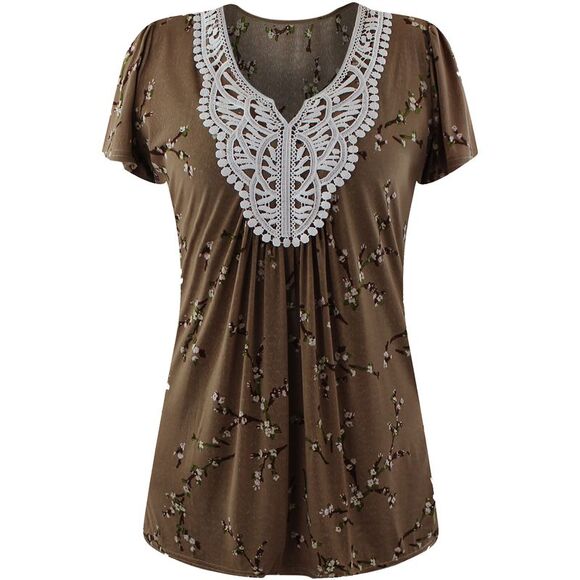 Taupe Short Sleeve Crochet Neck Top - Picture 1 of 3